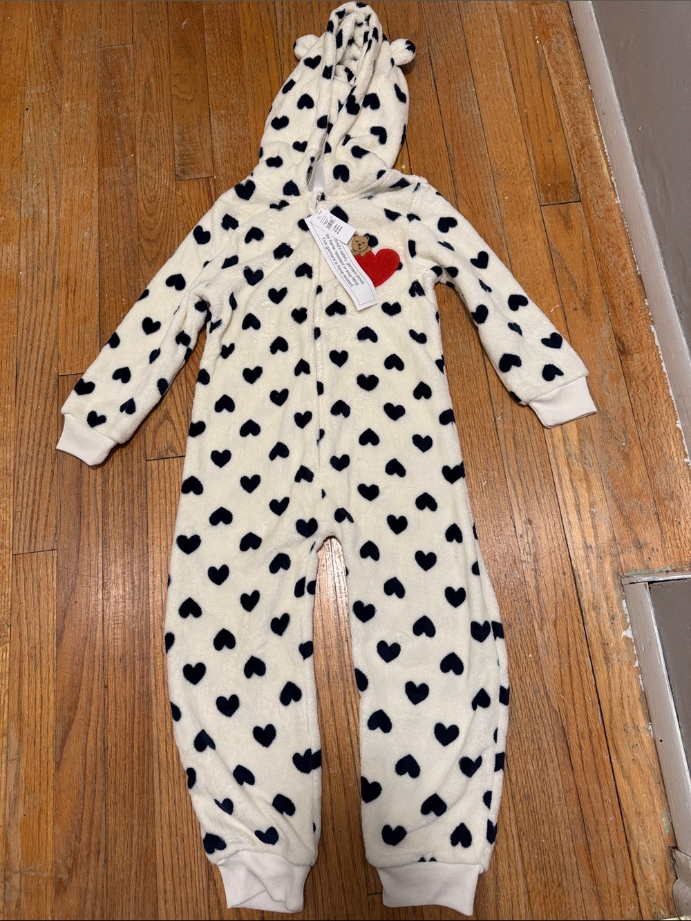 GAP Cream Fleece One-Piece with Black Heart Print and Red Patch